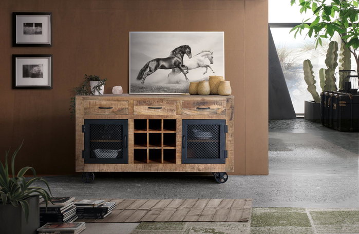 GINER Y COLOMER - Aparador Buffet Industriel 3 Tiroirs et 2 Portes en Bois de Mango avec Pieds Métal et Roulettes - Couleur Naturel